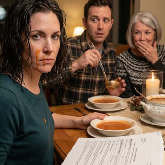 A családi vacsorán a férjem forró levest öntött a fejemre, miközben az anyja nevetett. Aztán azt mondta: “10 perce van indulni.” Megtöröltem az arcom, kivettem néhány papírt a táskámból, letettem az asztalra, és nyugodtan azt mondtam: “Igazad van. Tíz perccel később…”