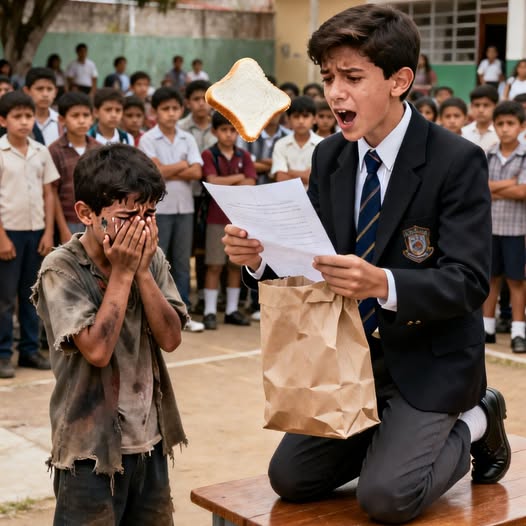 „Elvettem az ösztöndíjas diák kajájából az ételt, hogy megalázzam… amíg fel nem olvastam az anyja üzenetét, és az egész iskolaudvar elcsendesedett.”