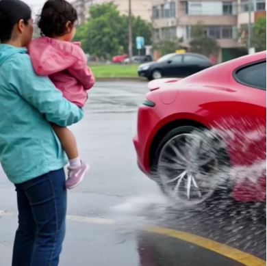 Egy sportautó esővizet fröcskölt rám és a lányomra, miközben a buszmegállóban voltunk, de egy motoros felajánlotta a segítségét.