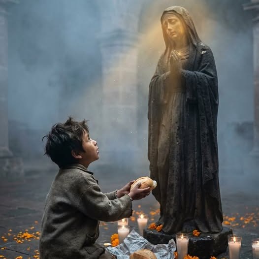 Egy nincstelen fiú hagyta egyetlen kenyerét a Szűzanya lábánál… és ami ezután történt, megrázta egész Pátzcuarót.