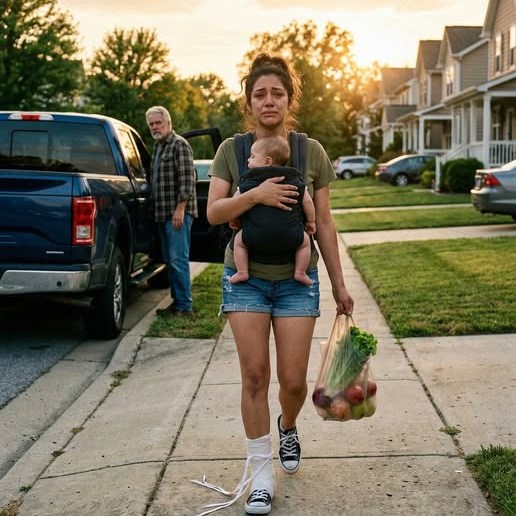 Apám meglátott, ahogy a babámmal és a bevásárlással sántikálok az utcán, és megkérdezte: „Hol van az autód?” Amikor azt suttogtam: „Az anyukája elvitte… azt mondta, szerencsés vagyok, hogy itt hagytak”, apám nem vitatkozott. Kinyitotta az ajtót, és azt mondta: „Szállj be. Ma este megjavítjuk.”