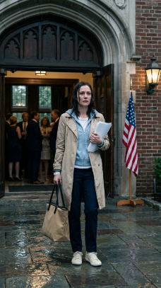 “Filmes, kiváló minőségű, realisztikus filmfelvétel. Helyszín és háttér: Egy esős délután egy nagy, sötét, dupla faajtókkal rendelkező impozáns épület előtt. Az épületben formális öltözékben (öltönyben és ruhában) lévő emberek láthatók, akik kontrasztot alkotnak a főszereplővel. A bejárattól jobbra egy kis amerikai zászló látható egy faállványon, és egy klasszikus kültéri lámpafény a téglafalon. A talaj nedves és csillog az esőtől. Szereplő és jelmez: Egy harmincas évei végén járó nő sötét, nedves hajjal. Világos bézs/khaki színű ballonkabátot visel halványkék cipzáras kapucnis pulóver felett, alatta fehér pólóval. Sötétkék nadrágot és krémszínű sportcipőt visel. Bal csuklóján egy fehér, kórházi stílusú azonosító szalag van. Tárgyak: Bal kezében egy nagy, barna vászontáskát tart fekete bőr fogantyúval, jobb kezében pedig egy halom fehér papírlapot. Akció és arckifejezés: A nő lassan és nehézkesen kilép az épületből a kamera felé. Megáll és mozdulatlanul áll az esőben. Az arca… eső és el nem oltott könnyek keverékétől nedves. Arckifejezése mélyen melankolikus, kimerült és bánatos, veszteség vagy gyász érzését tükrözi. Szeme üveges, és kissé eltávolodik a kamerától, kerülve a közvetlen szemkontaktust az objektívvel.  Technikai részletek: Közepes méretű felvétel, amely egy szoros közeli felvételbe megy át, amikor megáll. A kamera lassan, de folyamatosan közelít (zoomol) az arcához, hogy megragadja finom mikro-kifejezéseit. A világítás hűvös tónusú és komor. Nincs túlzás; az érzelmek csendesek és földhözragadtak. Nagy felbontású textúrák, realisztikus esőcseppek.