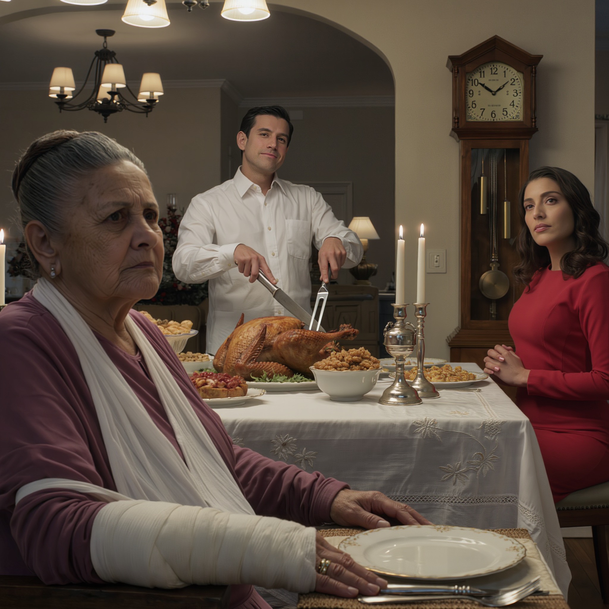 Szenteste otthagytak gipszelt karommal és üres tányérral ülni, míg a lányom pislogás nélkül rám nem nézett, és azt mondta: „A férjem épp megtanította neked a leckét, amit megérdemeltél.” Nem sírtam, nem vitatkoztam, és nem mozdultam az asztaltól, mert míg a vejem mosolygott, azt gondolva, hogy már nyert, az óra nyolcat ütött, és valaki kopogni készült az ajtón.